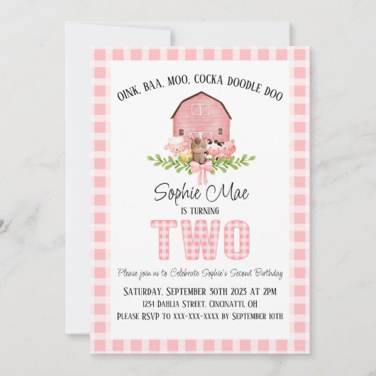 Pink Gingham Barnyard Zweiter Geburtstag Einladung (Vorderseite)