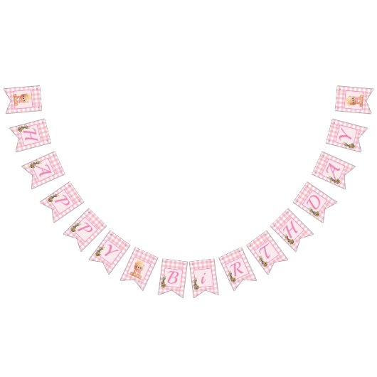 Pink Gingham Bear Cub Happy Birthday Wimpelkette (Alle)