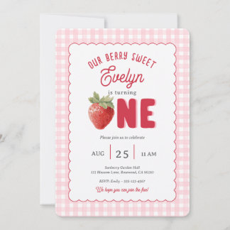 Pink Gingham Beeren Erste Erdbeer-Themen Einladung