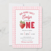 Pink Gingham Beeren Erste Erdbeere Thema Einladung (Vorderseite)