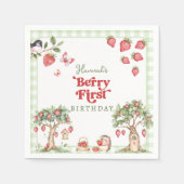 Pink Gingham Berry Erste Erdbeere 1. Geburtstag Serviette (Vorderseite)