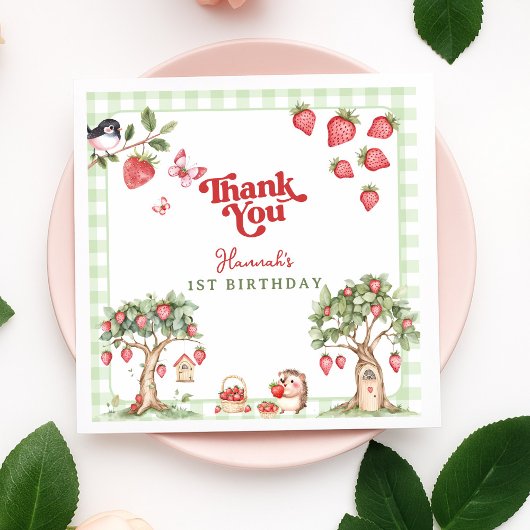 Pink Gingham Berry Erste Erdbeere 1. Geburtstag Serviette