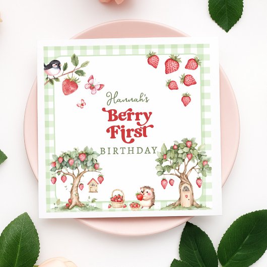 Pink Gingham Berry Erste Erdbeere 1. Geburtstag Serviette