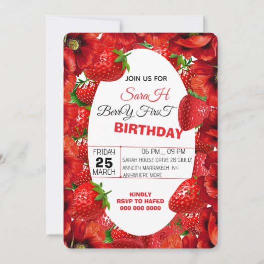 Pink Gingham Berry Erster Geburtstag Einladung Tem (Vorderseite)