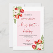 Pink Gingham Berry First Birthday Girl Einladung (Vorderseite)