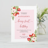 Pink Gingham Berry First Birthday Girl Einladung (Stehend Vorderseite)