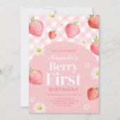 Pink Gingham Berry First Birthday Party Einladung (Vorderseite)