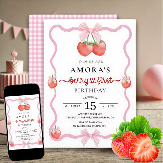 Pink Gingham Berry First Birthday Party Einladung