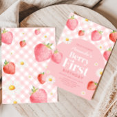 Pink Gingham Berry First Birthday Party Einladung