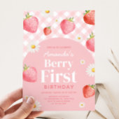 Pink Gingham Berry First Birthday Party Einladung