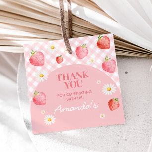 Pink Gingham Berry First Birthday Party Square Geschenkanhänger