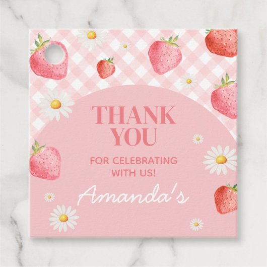 Pink Gingham Berry First Birthday Party Square Geschenkanhänger (Vorderseite)