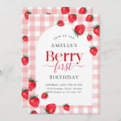 Pink Gingham Berry First Birthday Strawberry Girl Einladung (Vorne/Hinten)