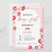 Pink Gingham Berry First Strawberry 1. Geburtstag Einladung (Vorderseite)
