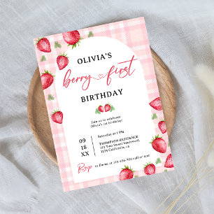 Pink Gingham Berry First Strawberry 1. Geburtstag Einladung