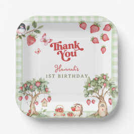 Pink Gingham Berry First Strawberry 1st Birthday Pappteller