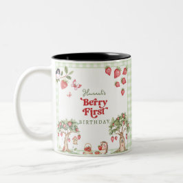 Pink Gingham Berry First Strawberry 1st Birthday Zweifarbige Tasse
