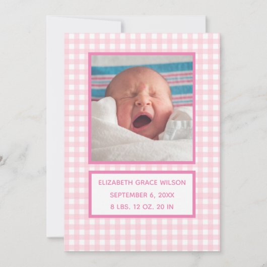 Pink Gingham Birth Announcement Card Ankündigung (Vorderseite)