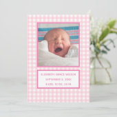 Pink Gingham Birth Announcement Card Ankündigung (Stehend Vorderseite)