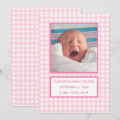 Pink Gingham Birth Announcement Card Ankündigung (Vorne/Hinten)