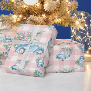 Pink Gingham Blue Christmas Vintage Auto Geschenkpapier