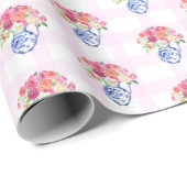 Pink Gingham Blue Floral Chinoisserie Geschenkpapier (Rolleneckpunkt)