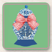Pink Gingham Blue Ginger Jar Getränkeuntersetzer (Vorderseite)