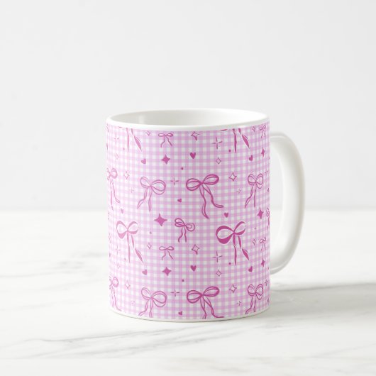 Pink Gingham Bow Aesthetic Mug Kaffeetasse (VorderseiteRechts)