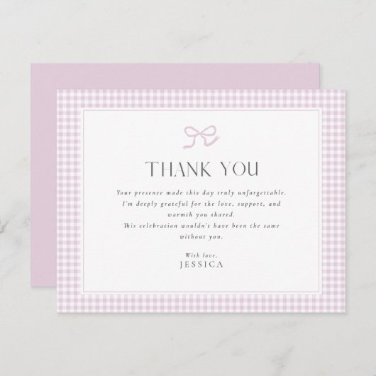 Pink Gingham Bow Baby Dusche Danke Karte (Vorne/Hinten)