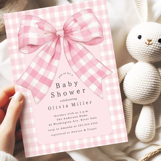 Pink Gingham Bow Baby Dusche Einladung