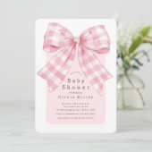 Pink Gingham Bow Baby Dusche Einladung (Stehend Vorderseite)