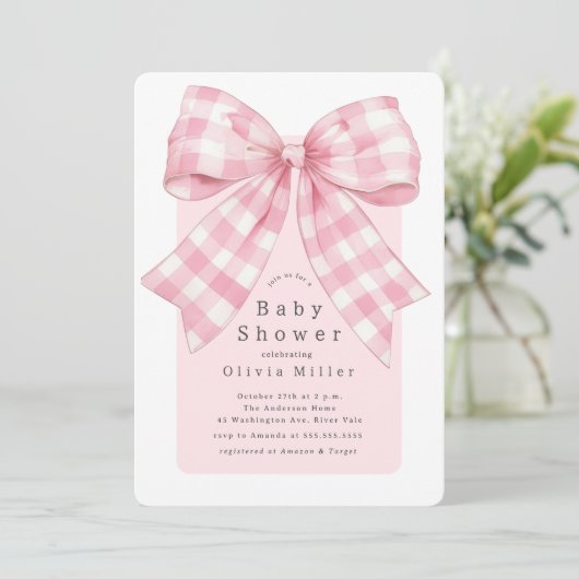 Pink Gingham Bow Baby Dusche Einladung (Stehend Vorderseite)