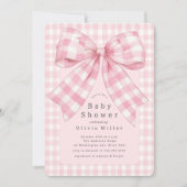 Pink Gingham Bow Baby Dusche Einladung (Vorderseite)