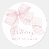 Pink Gingham Bow Baby Dusche Runder Aufkleber (Vorderseite)