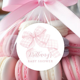Pink Gingham Bow Baby Dusche Runder Aufkleber