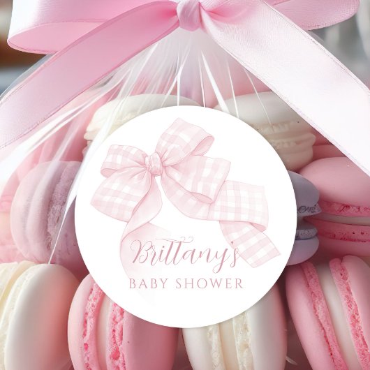 Pink Gingham Bow Baby Dusche Runder Aufkleber