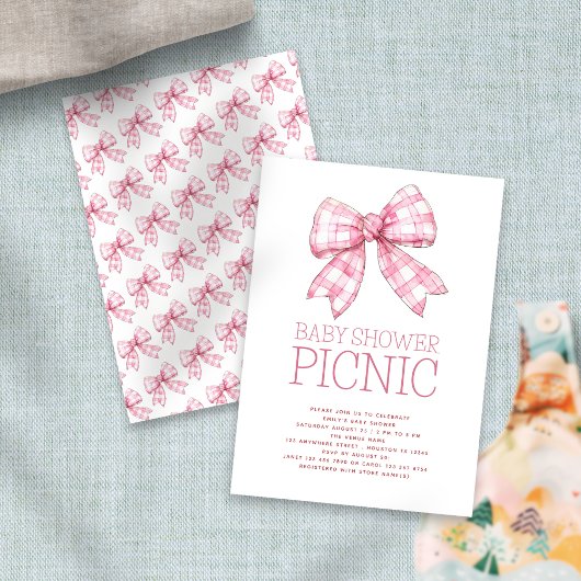 Pink Gingham Bow Baby Shower Picnic Einladung