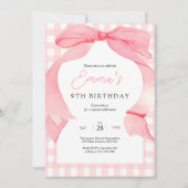 Pink Gingham Bow Birthday Einladung (Vorderseite)