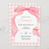 Pink Gingham Bow Birthday Einladung (Vorne/Hinten)