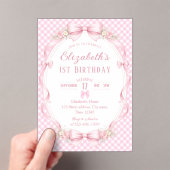 Pink Gingham Bow First Birthday Acryleinladungen (Insitu (Handheld))