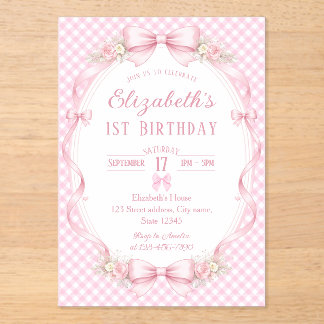 Pink Gingham Bow First Birthday Acryleinladungen