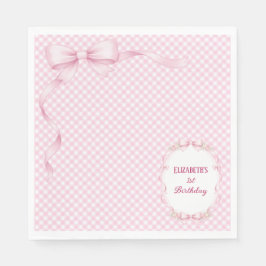 Pink Gingham Bow First Birthday Napkins Serviette