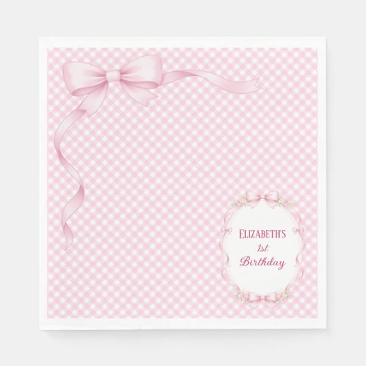 Pink Gingham Bow First Birthday Napkins Serviette (Vorderseite)