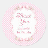 Pink Gingham Bow First Birthday Thank You Sticker (Vorderseite)