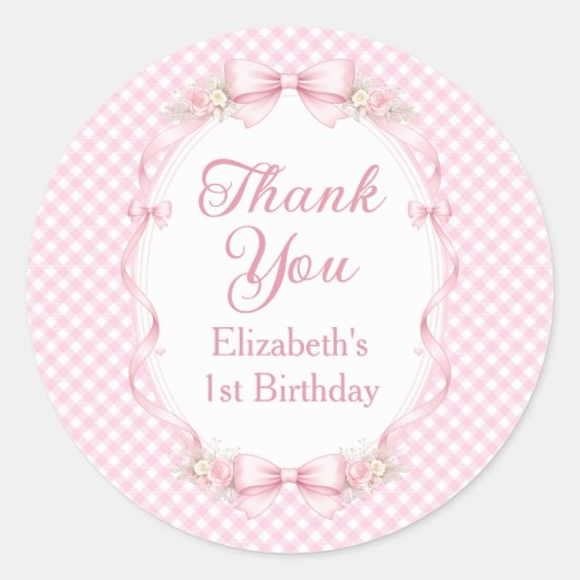 Pink Gingham Bow First Birthday Thank You Sticker (Vorderseite)