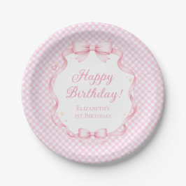 Pink Gingham Bow Girl 1st Birthday Party Paper Pappteller