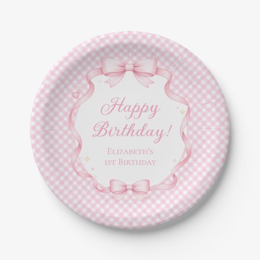 Pink Gingham Bow Girl 1st Birthday Party Paper Pappteller (Vorderseite)