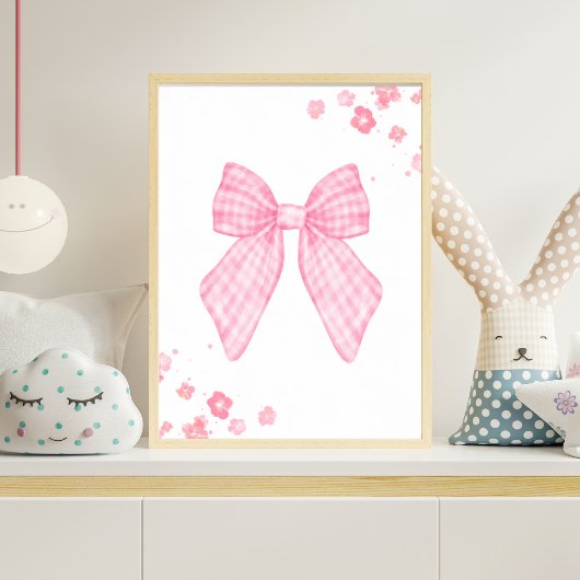Pink Gingham Bow Nursery Wall Art Floral Baby Girl Poster