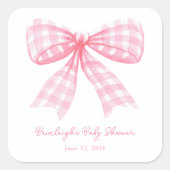 Pink Gingham Bow Ribbon Coquette Label Quadratischer Aufkleber (Vorderseite)
