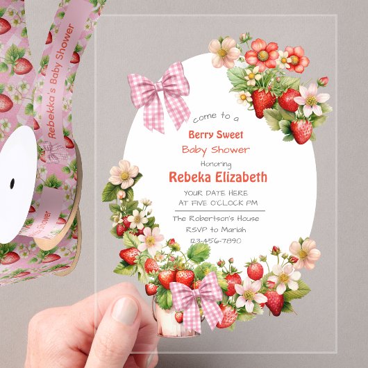  Pink Gingham Bow Strawbery Baby Shower Invitation Acryleinladungen